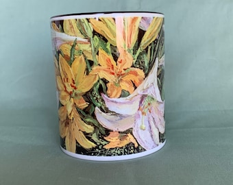 White and Yellow Lillies - mugs from an oil on canvas painting