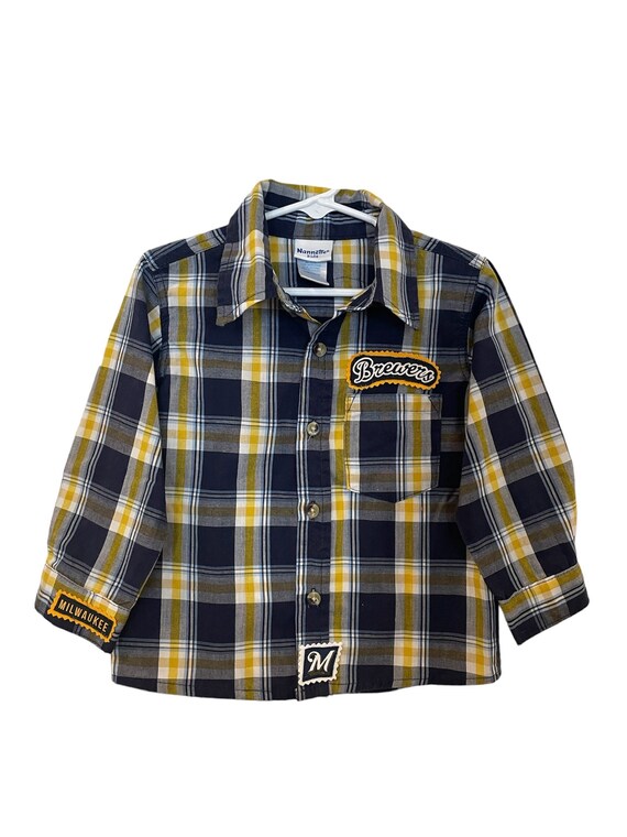 brewers dress shirt Men's Darius Rucker Collection by Fanatics White Milwaukee Brewers Pin Stripe Short Sleeve Button-Up Shirt Size: Small