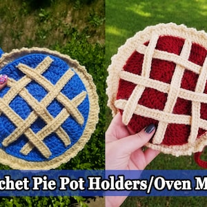 May include: Two crocheted pie pot holders or oven mitts. One is blue with a tan crust and the other is red with a tan crust. Both have a crocheted handle.