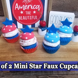 Set of 2 USA Patriotic Faux Cupcakes, Faux Cupcakes, Faux Independence Day Cupcake, Faux Mini Cupcakes, 4th of July Decorations, Tiered Tray