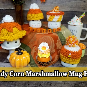 Candy Corn Crochet Marshmallow Mug Hats, Rae Dunn Marshmallow Mug Hat, Fall Marshmallow Mug Hat, Crochet Gifts, Fall Tier Tray Decorations