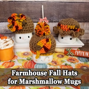 Farmhouse Fall Marshmallow Mug Hats, Fall Marshmallow Mug Hat, Rae Dunn Marshmallow Mug Hat, Fall Tier Tray, Farmhouse Tiered Tray, Crochet