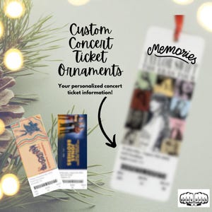 Peut inclure: Ornements de billets de concert personnalisés, une excellente façon de préserver vos souvenirs de concerts préférés. Les ornements sont faits de vrais billets de concert et sont personnalisés avec les informations de votre billet. Les ornements sont présentés sur un fond de branche de pin avec des lumières de Noël.
