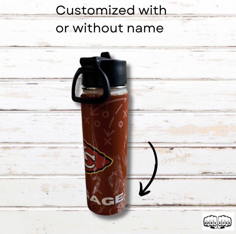 May include: A clear water bottle with a black lid and handle. The bottle is decorated with a football play design and a team logo. The text "AGE" is visible on the bottom of the bottle. The text "Customized with or without name" is at the top.
