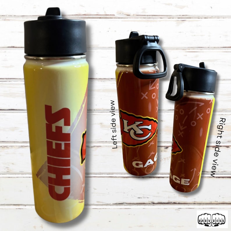 May include: A stainless steel water bottle with a black lid and handle. The bottle features the word "CHIEFS" in red on a yellow and white background. The right side of the bottle has a red background with a football play design and the team logo.
