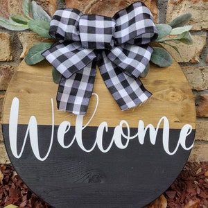 Farmhouse Front Door Welcome Sign with Buffalo Check Bow and Greenery | Wreath Style Front Door Décor | Indoor / Outdoor Welcome Plaque