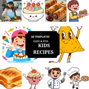 Op de afbeelding: Cartoon illustraties met kinderen en voedsel. Bevat een bananensplit, pannenkoeken, een gegrilde kaassandwich en een kookboekcover met de tekst "60 Templates Easy & Fun Kids Recipes."