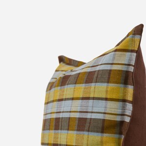 Plaid pillow cover,Colorful embroidered lumbar pillow,Tourquise and yellow boho pillow,Linen body pillow cover,Neutral designer pillow cover image 6
