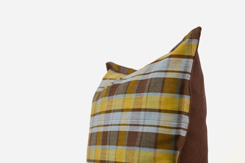 Plaid pillow cover,Colorful embroidered lumbar pillow,Tourquise and yellow boho pillow,Linen body pillow cover,Neutral designer pillow cover image 6