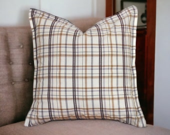 Linen body pillow cover, Brown tan plaid pillow cover, Throw pillow for couch, Designer accent pillows, Custom window seat cushion cover