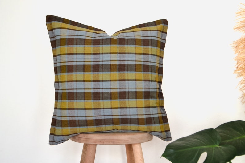 Plaid pillow cover,Colorful embroidered lumbar pillow,Tourquise and yellow boho pillow,Linen body pillow cover,Neutral designer pillow cover image 1