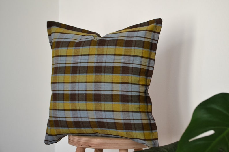 Plaid pillow cover,Colorful embroidered lumbar pillow,Tourquise and yellow boho pillow,Linen body pillow cover,Neutral designer pillow cover image 10