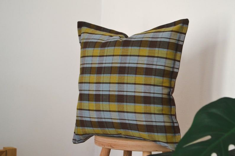 Plaid pillow cover,Colorful embroidered lumbar pillow,Tourquise and yellow boho pillow,Linen body pillow cover,Neutral designer pillow cover image 5