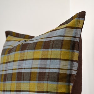 Plaid pillow cover,Colorful embroidered lumbar pillow,Tourquise and yellow boho pillow,Linen body pillow cover,Neutral designer pillow cover image 9