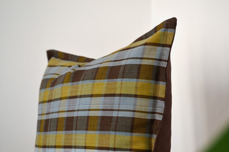 Plaid pillow cover,Colorful embroidered lumbar pillow,Tourquise and yellow boho pillow,Linen body pillow cover,Neutral designer pillow cover image 9