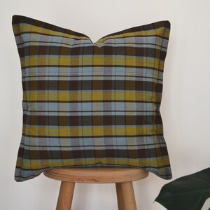 Plaid pillow cover,Colorful embroidered lumbar pillow,Tourquise and yellow boho pillow,Linen body pillow cover,Neutral designer pillow cover image 3