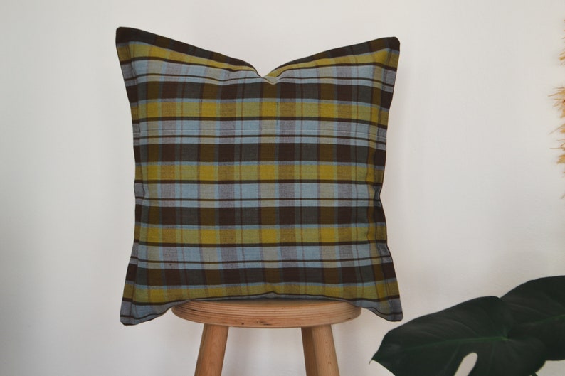 Plaid pillow cover,Colorful embroidered lumbar pillow,Tourquise and yellow boho pillow,Linen body pillow cover,Neutral designer pillow cover image 3