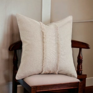 Cream  pillow cover with fringes, Fall home decor pillow,Linen lumbar pillow cover, Linen couch pillow sham, Natural linen pillow cover