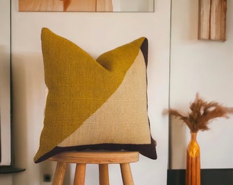 Brown tan pillow cover,Woven mudcloth pillow,Farmhouse throw pillow,Window pane pillow cover tan beige,Hand embroidery pattern pillow design