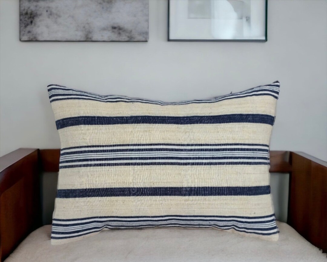 Outdoor Navy Striped Lumbar Pillows, Linen Body Pillow Cover, Boho Blue