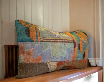Lichaamskussenhoes, handgeweven kelimkussen, levendig getextureerd decoratief kussen, ideaal voor bank of bed, ongebruikelijk cadeau voor decorliefhebbers