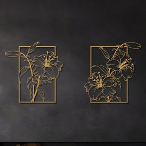 2 Set Gold Flower Large Metal Wall Art, Gold Metal Lilium Wall Decor, 2 Piece Metal Art Decor, Gold Metal Art Object