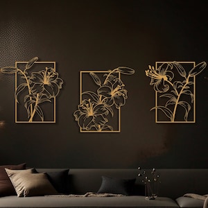 3 Set Gold Flower Large Metal Wall Art, Gold Flower Wall Art, Gold Metal Lilium Wall Decor, 3 Piece Metal Art Decor, Gold Metal Art Object