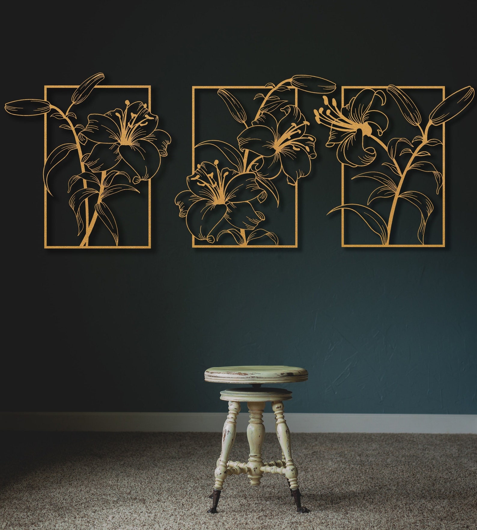 3 Set Gold Flower Large Metal Wall Art Gold Flower Wall Art Etsy