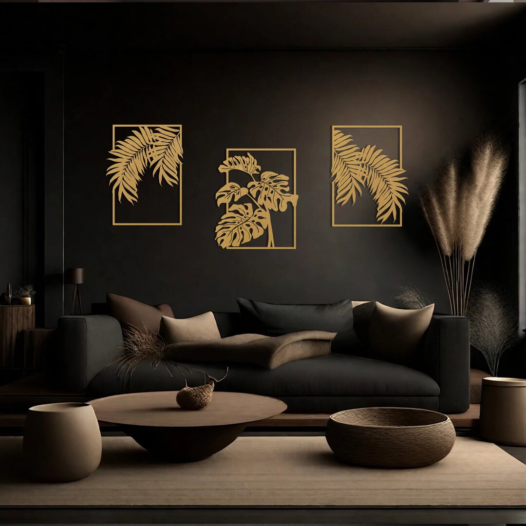 Gold Tropical Leaf 3 Piece Metal Wall Art, Modern Wall Decor, Large