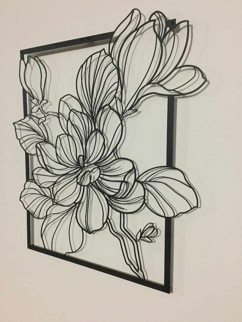 Magnolia Flower Metal Wall Art Floral Line Art Metal Wall Etsy
