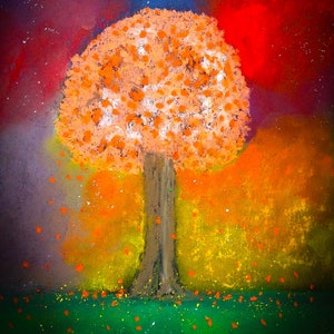 Peach Tree fine art pastel painting print, A4 size colourful wall art print of a magical peach tree with falling leaves and fruit