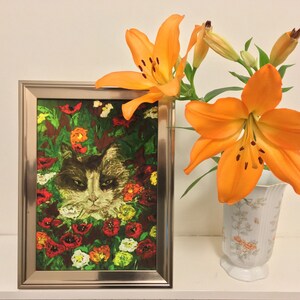 Cat in Flowers fine art soft and oil pastel painting print, A4 size wall art of naughty trickster grey fluffy cat in colourful poppy flowers