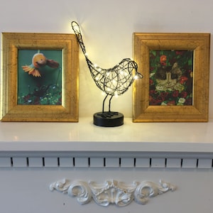 Cat and Bird gold framed soft and oil pastel fine art prints,19cm x 16cm gold flecked frames with wall hanging, ideal gift for animal lover