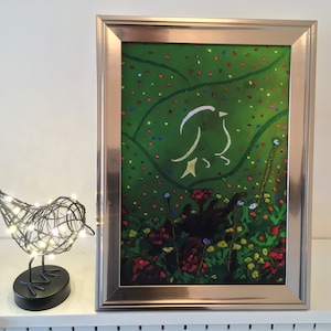 Robin fine art soft and oil pastel painting print, A4 sized colourful wall art print of a symbolic bird among flowers in the green fields