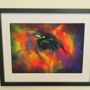 Blackbird fine art pastel painting print, A4 sized colourful unique wall art print, Blackbird in space nebula for home decor or as a gift