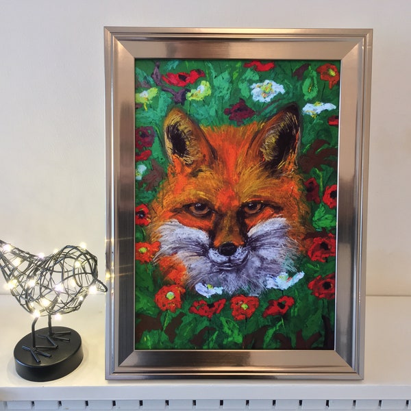Fox fine art soft & oil pastel painting print, A4 colourful wall art of trickster fox hiding in colourful poppy flower as home decor or gift