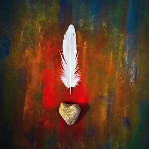 White feather and love heart shaped stone fine art soft pastel painting print, A4 sized unique & colourful wall art print or gift for lovers