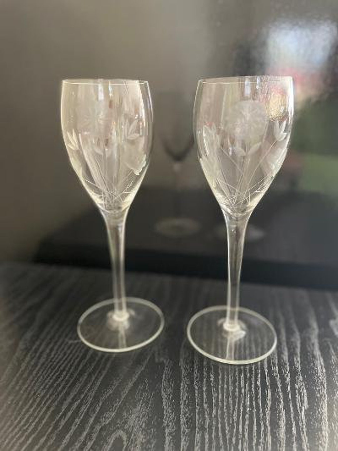 Vintage Crystal Etched Floral Wine Glasses Etsy
