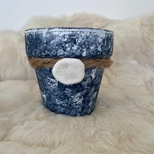 May include: A blue and white painted terracotta planter with a rope accent and a white seashell decoration.