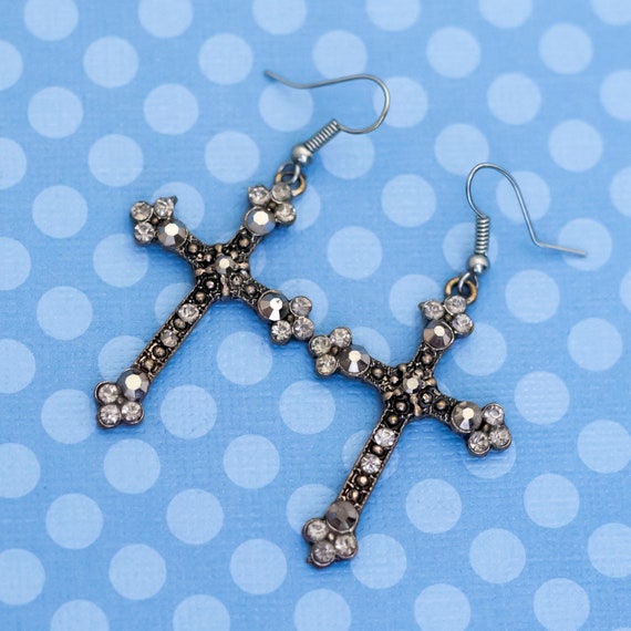 Vintage Gothic Cross Silver Tone Dangle Earrings … - image 1