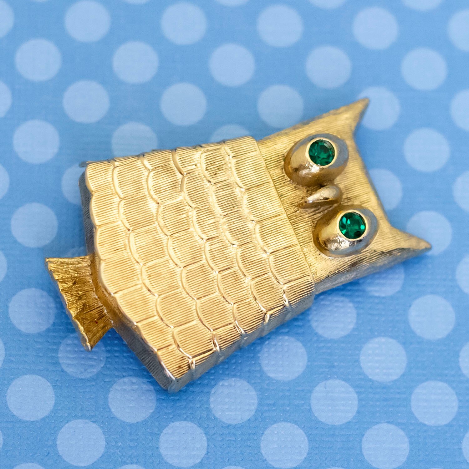 Vintage Dainty Geometric Owl Green Eye Rhinestones Brooch by Avon - M30