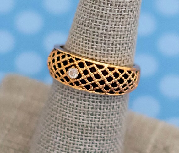 O24 Vintage Mid Century Gold Tone Rhinestone Ring by Avon Size 8