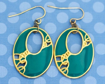 Vintage Green Round Oval Bohemian Abstract Gold Tone Dangle Earrings - M26