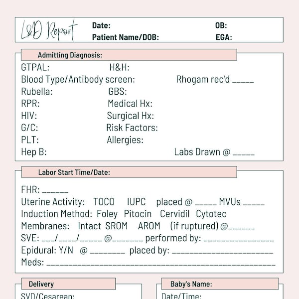 Labor and Delivery Nurse Report Sheet Digital Download PDF