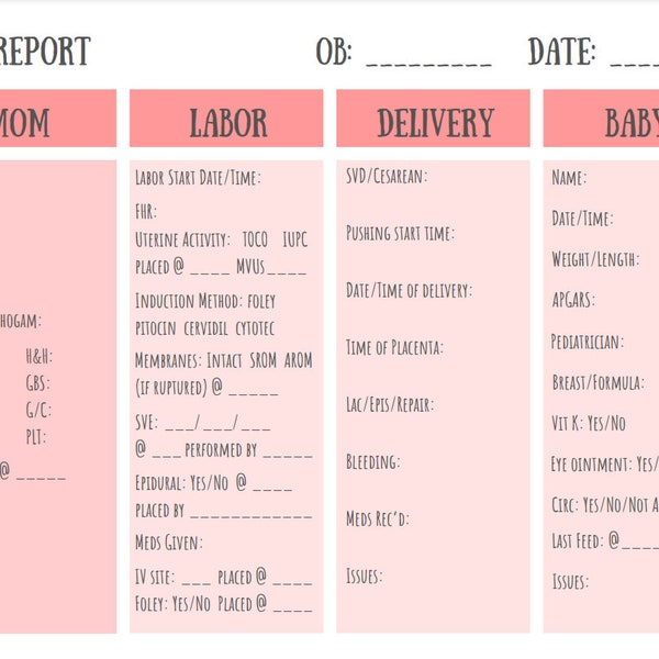 Labor and Delivery Report Sheet