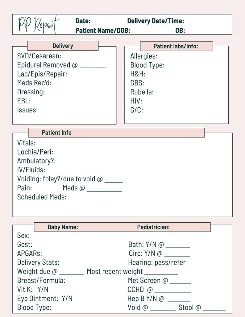 Postpartum Nurse Report Sheet Digital File - Etsy