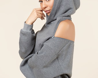 Cold Shoulder Hoodie With Zipper Modern Minimalist Black - Etsy