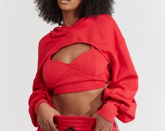 Cropped Sweatshirt Sports Top in Red Fitted Modern Hoodie Casual Cut Out Pullover Athletic Streetwear Women Loungewear