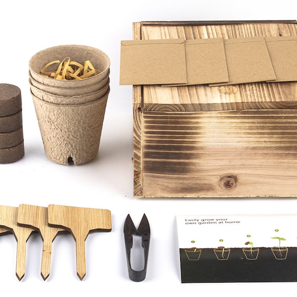 Bonsai Starter Kit, Bonsai Tree Kit, 4 Types Bonsai Tree Seeds with Wooden Box, Plant Markers, Potting Soil, Pots, Scissor Tool