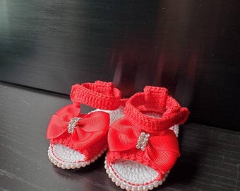 Crochet Baby Sandals: Red Cotton Newborn Booties, Baby Girl Gift